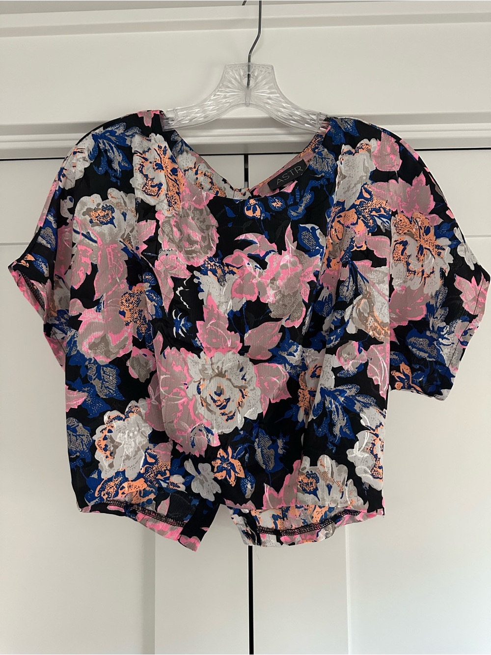 Astr Black Floral Crop Top with Pink & Blue Blooms
